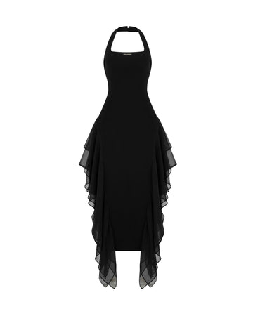 Black Square-Neck Chiffon Dress