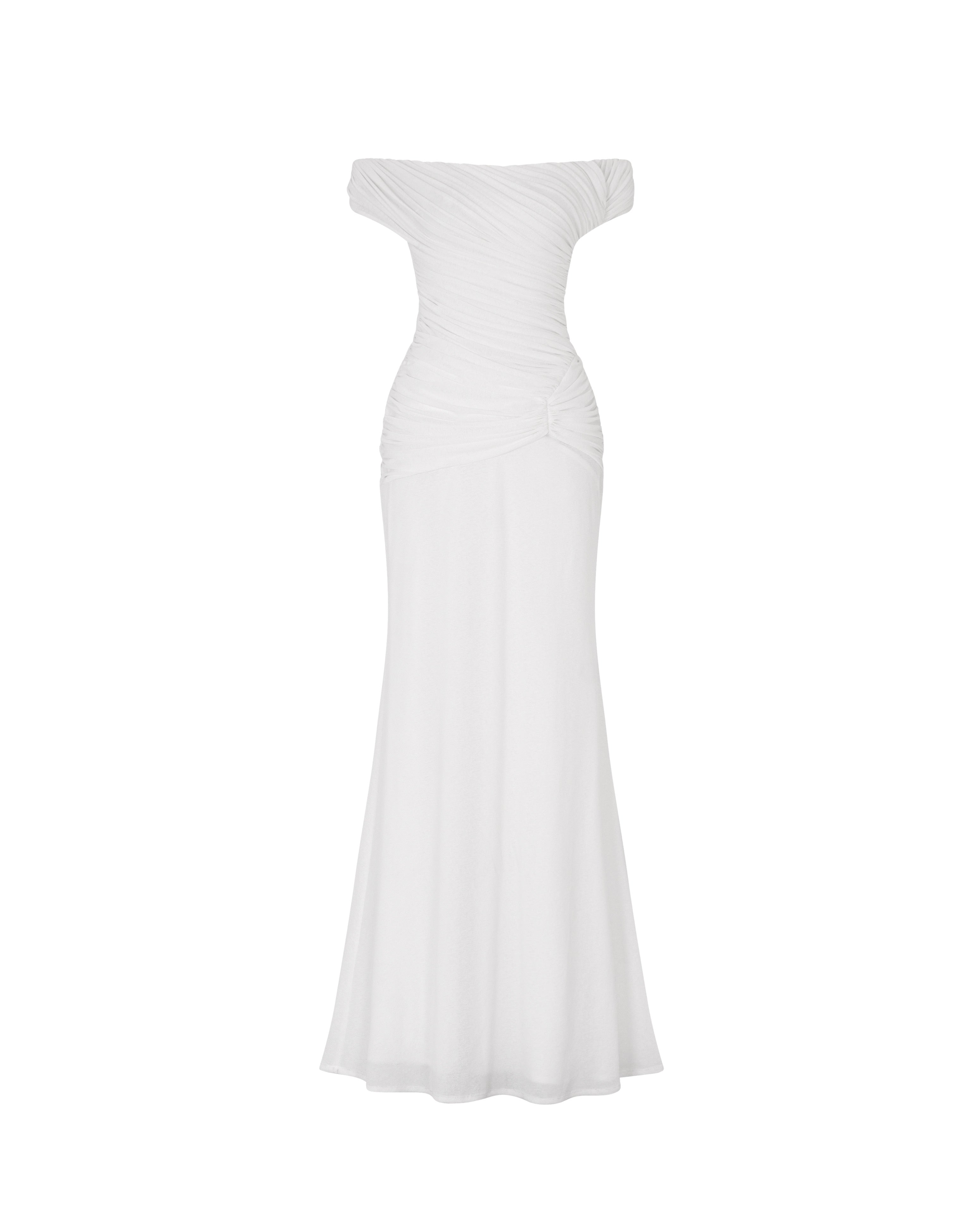 White Off-Shoulder Ruched Knit Dress – MOLLYNISTA