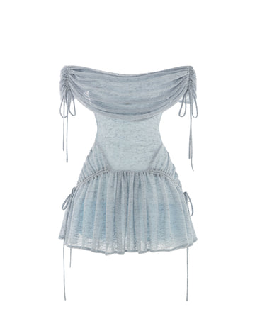 Blue Stretch Mesh Draped Shoulder Dress