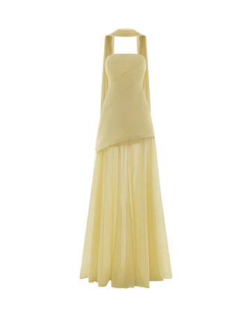 Yellow Strapless Organza Train Dress