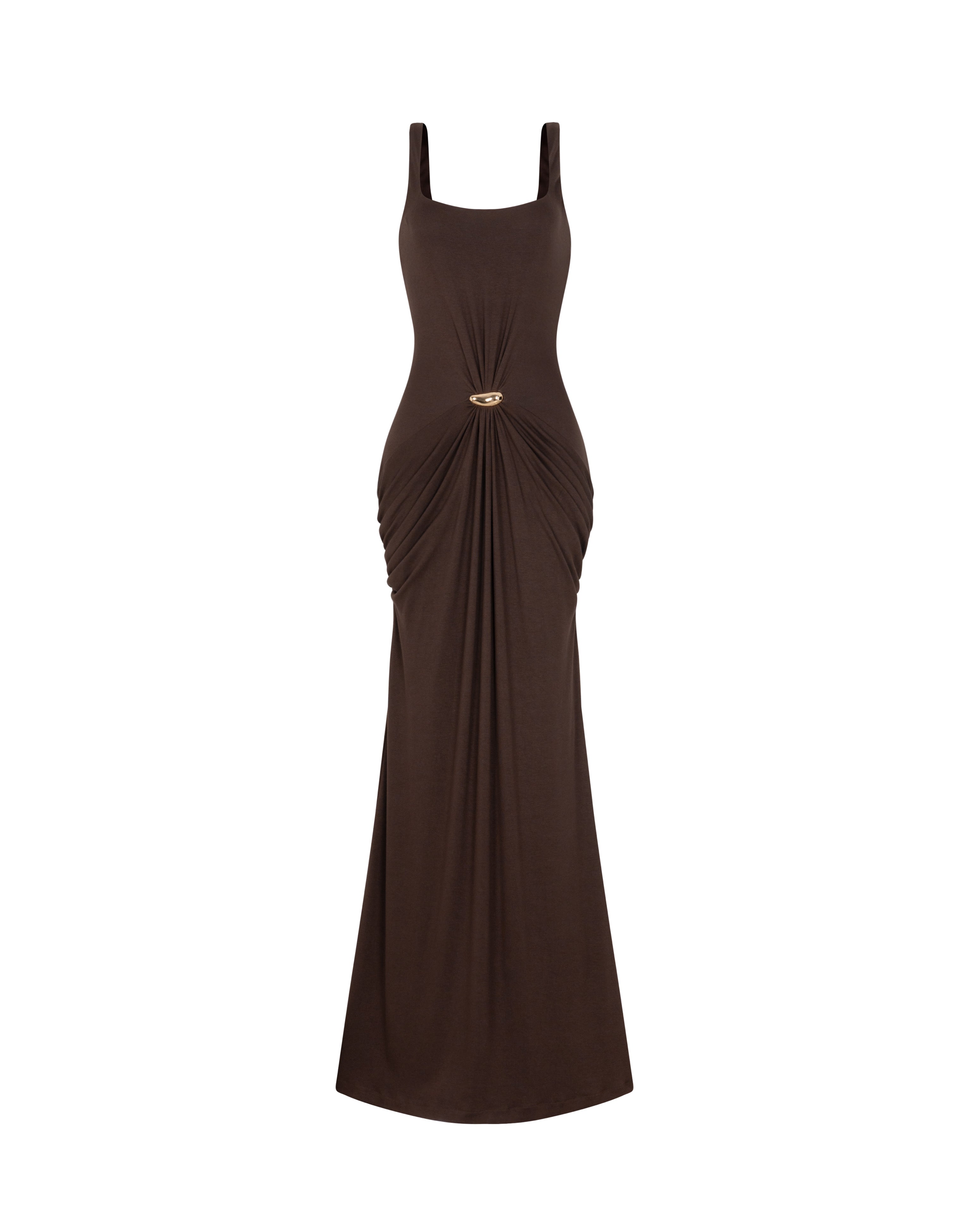 Brown Ruched Knit Dress With Gold Button