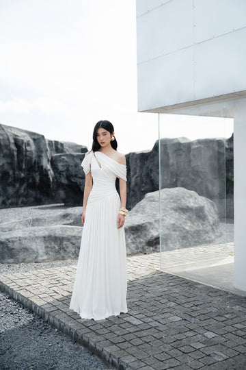 Pleated Draped Shoulder Dress
