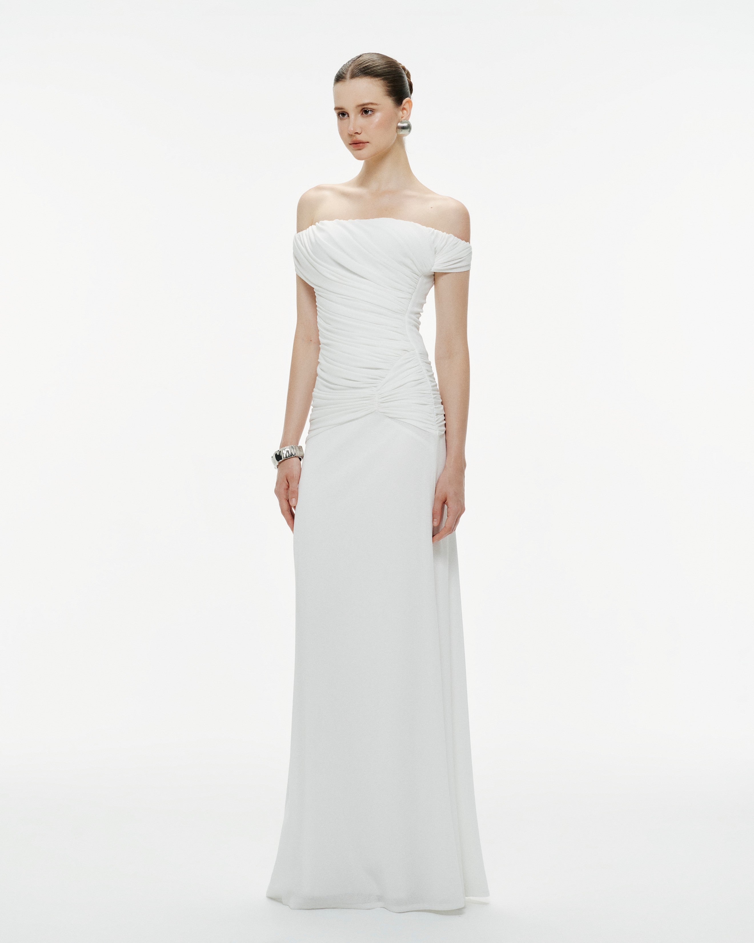 White Off-Shoulder Ruched Knit Dress