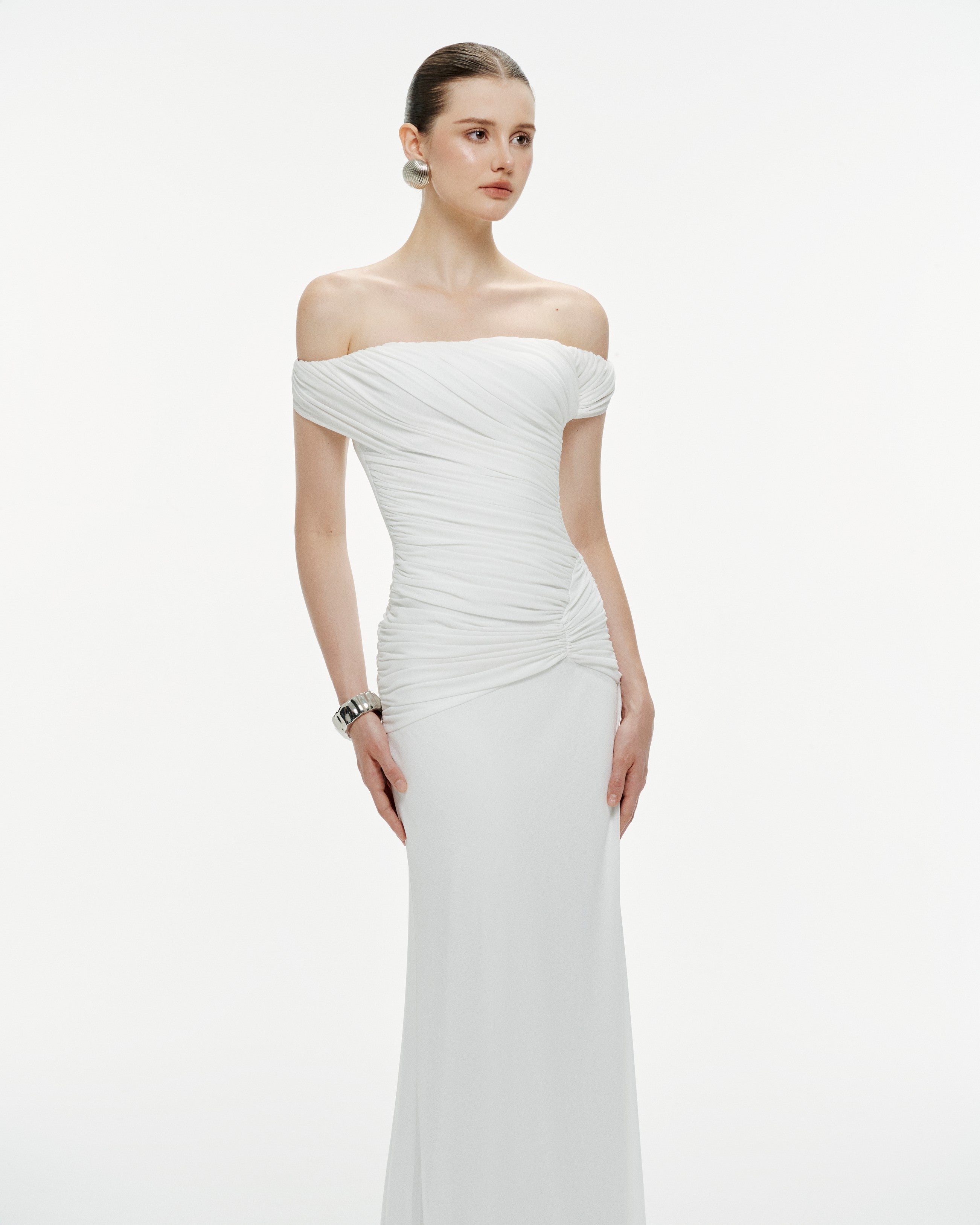 White Off-Shoulder Ruched Knit Dress