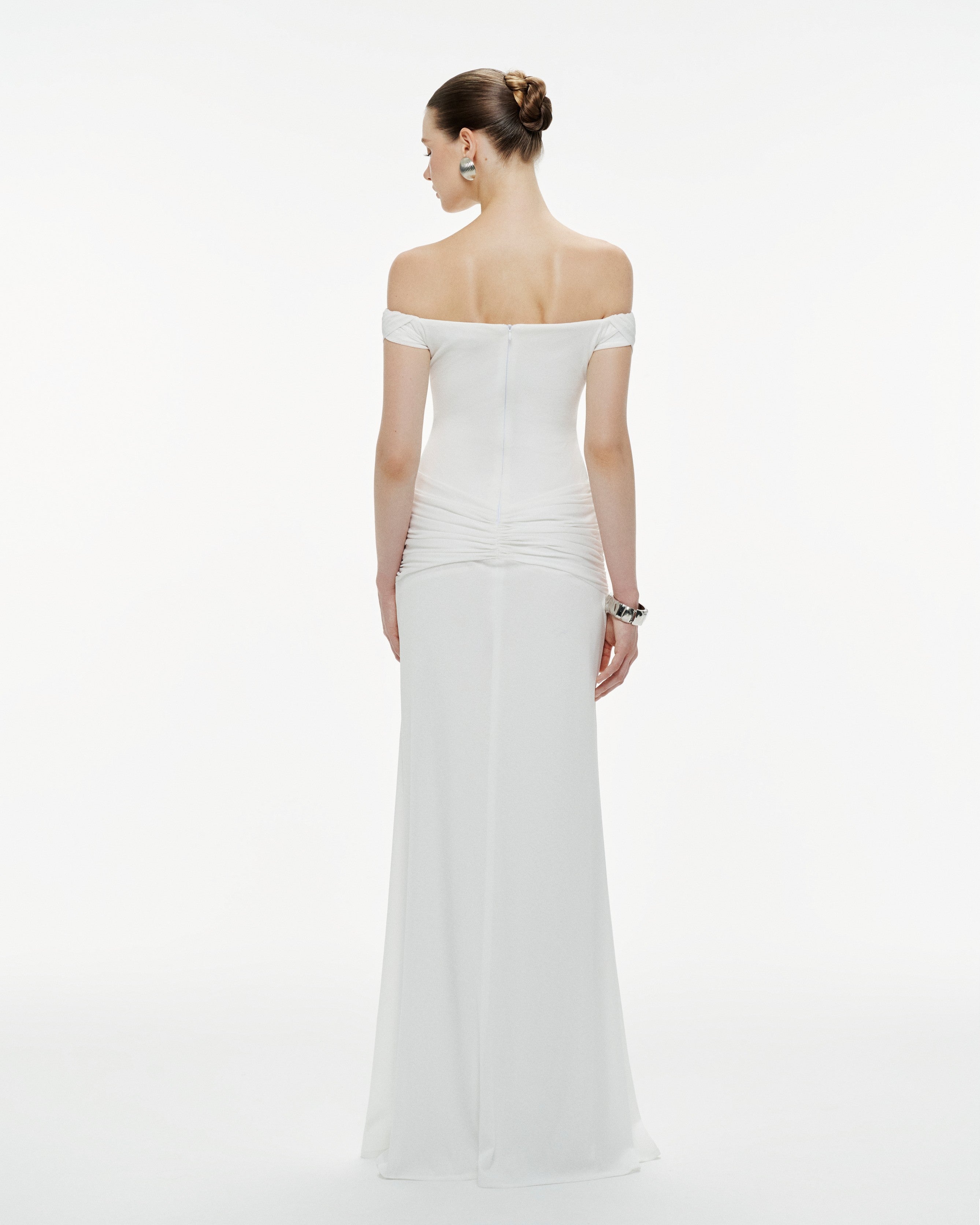 White Off-Shoulder Ruched Knit Dress
