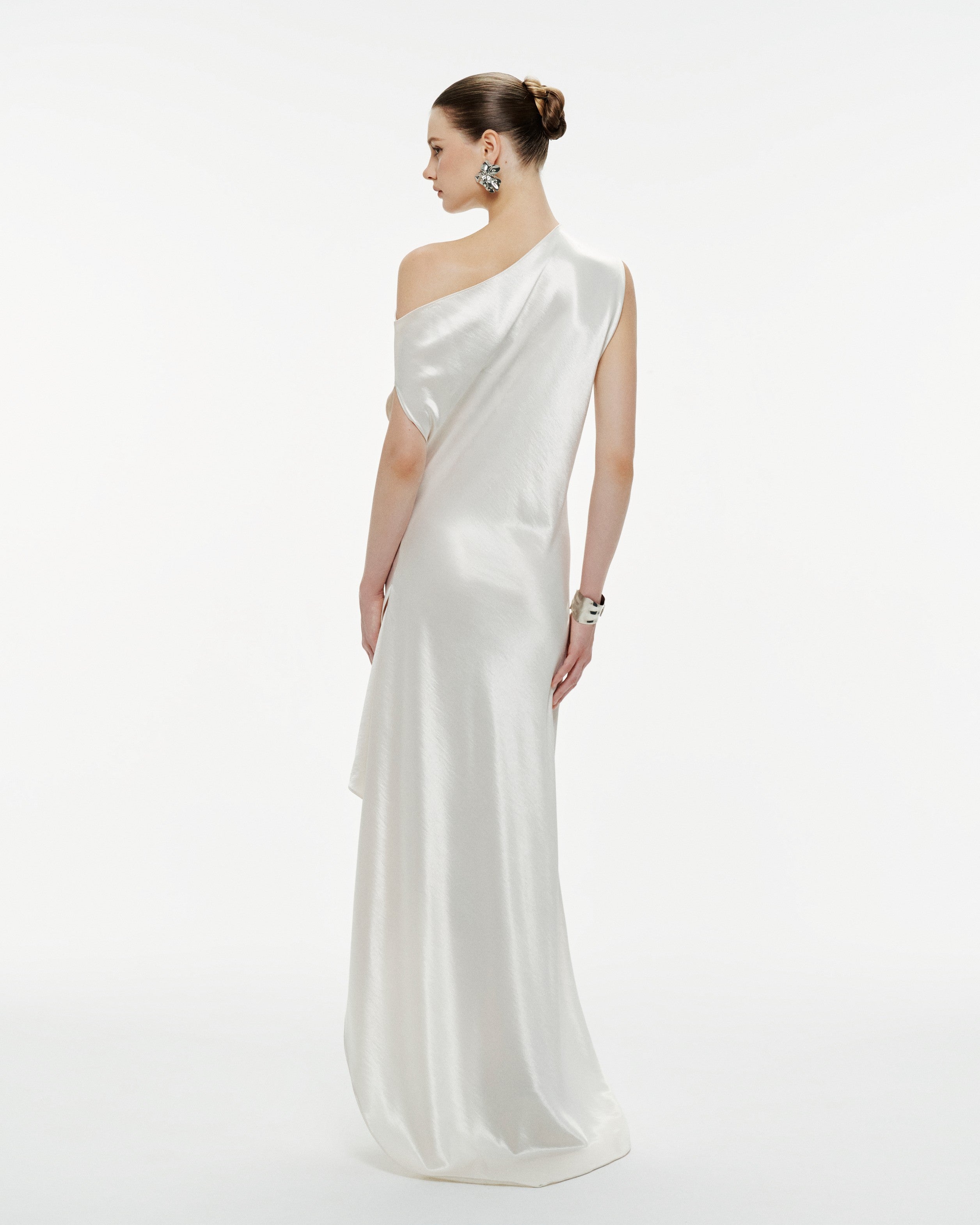 One-Shoulder Pleated Silk Dress