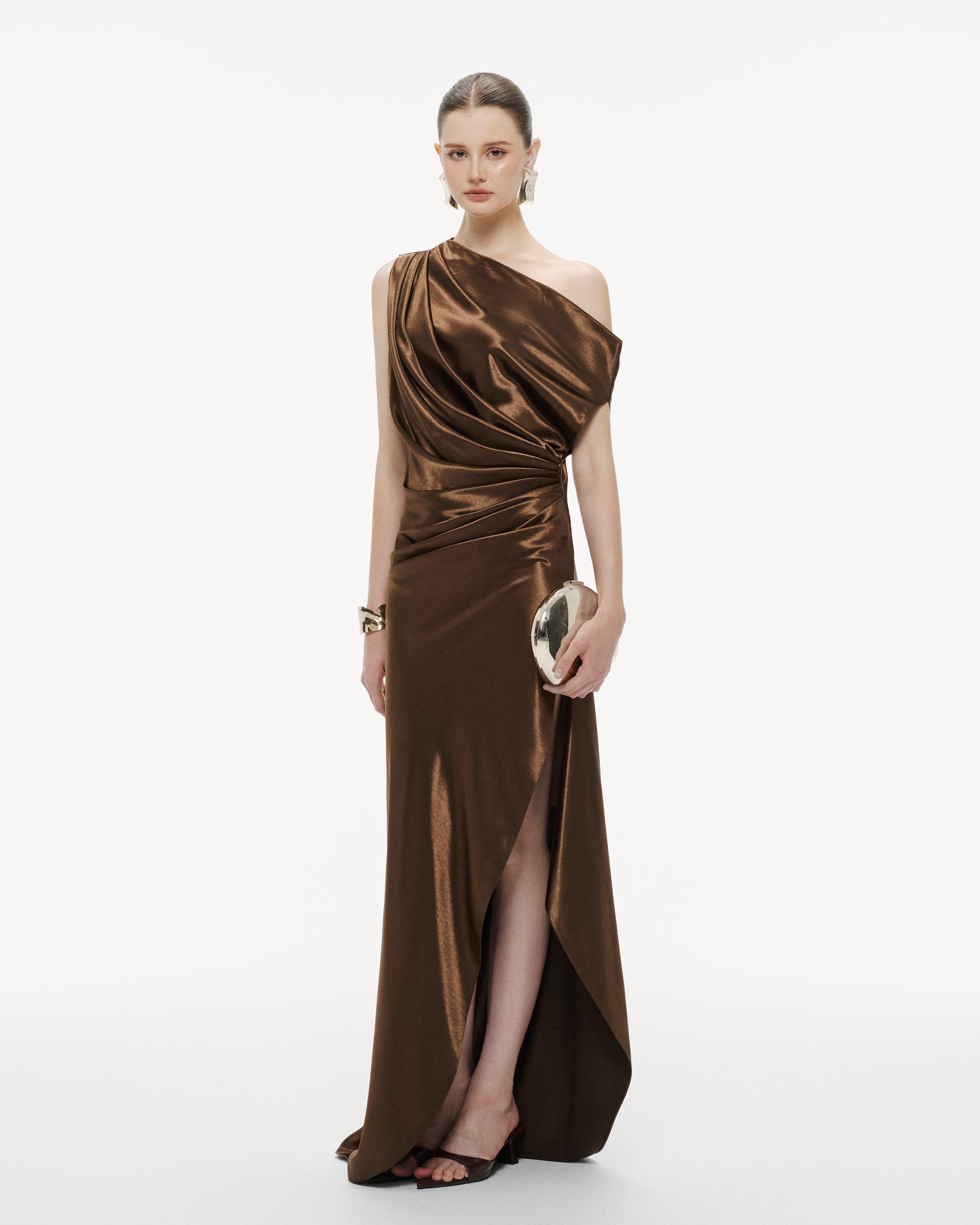 One-Shoulder Pleated Silk Dress