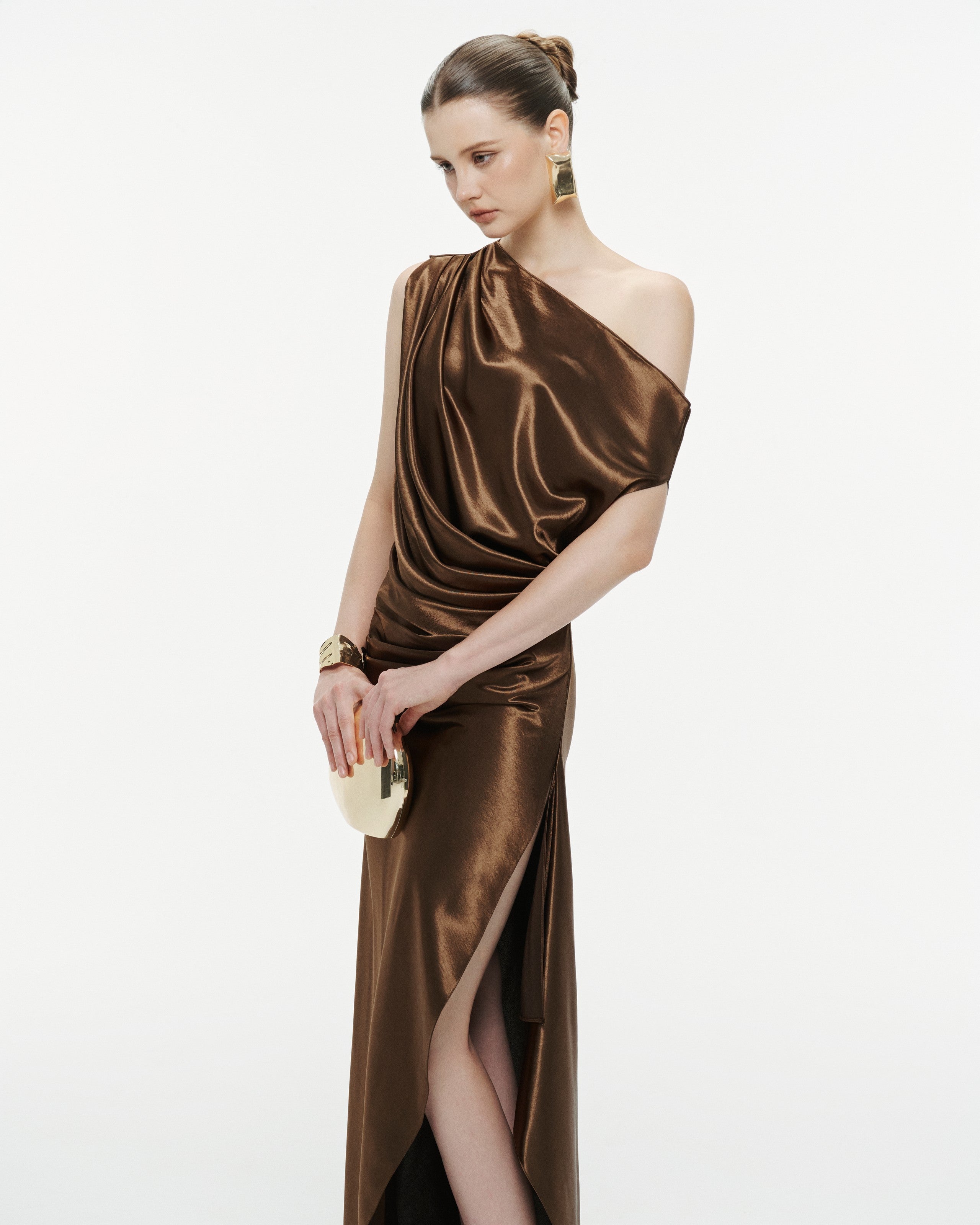One-Shoulder Pleated Silk Dress