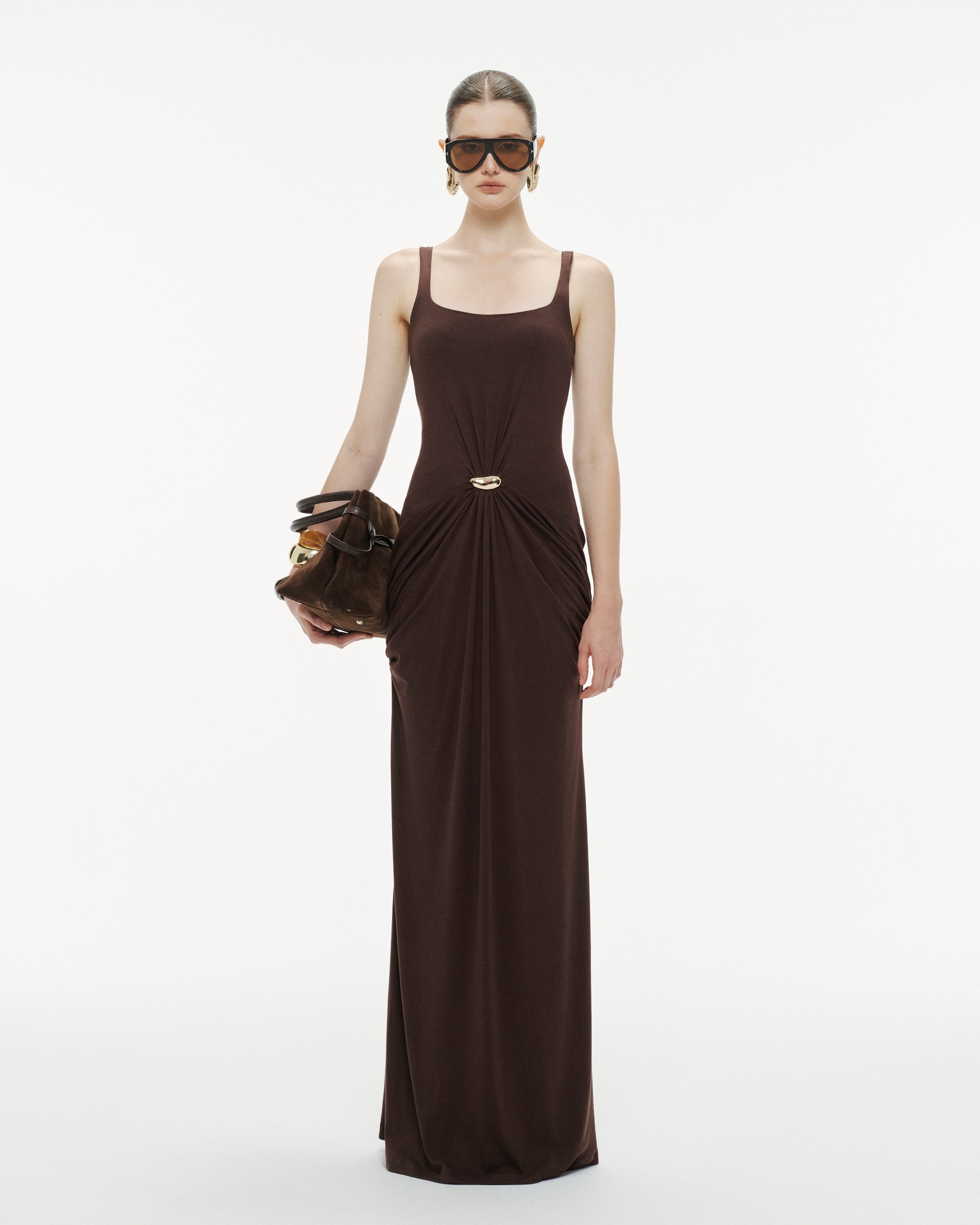Brown Ruched Knit Dress With Gold Button