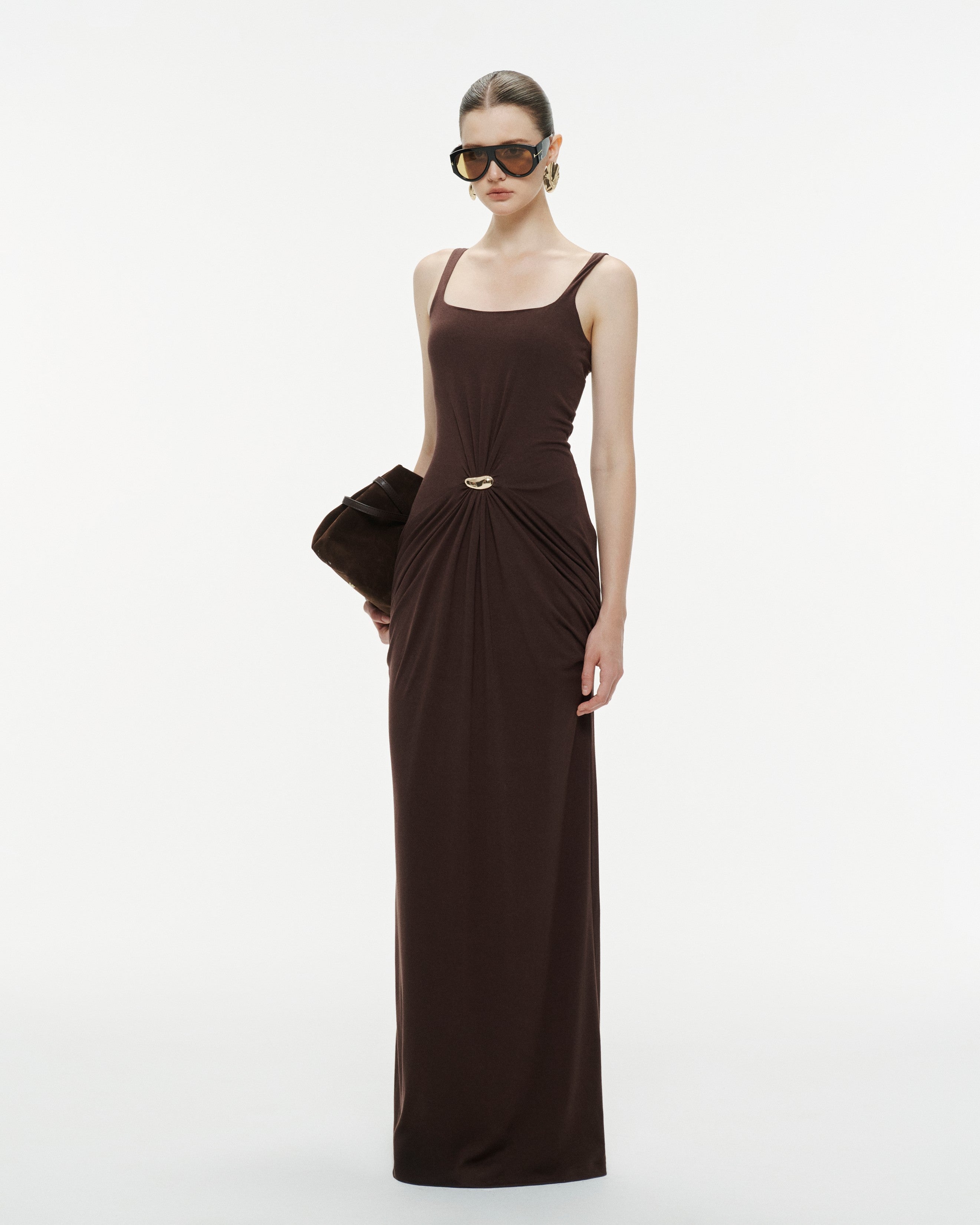 Brown Ruched Knit Dress With Gold Button