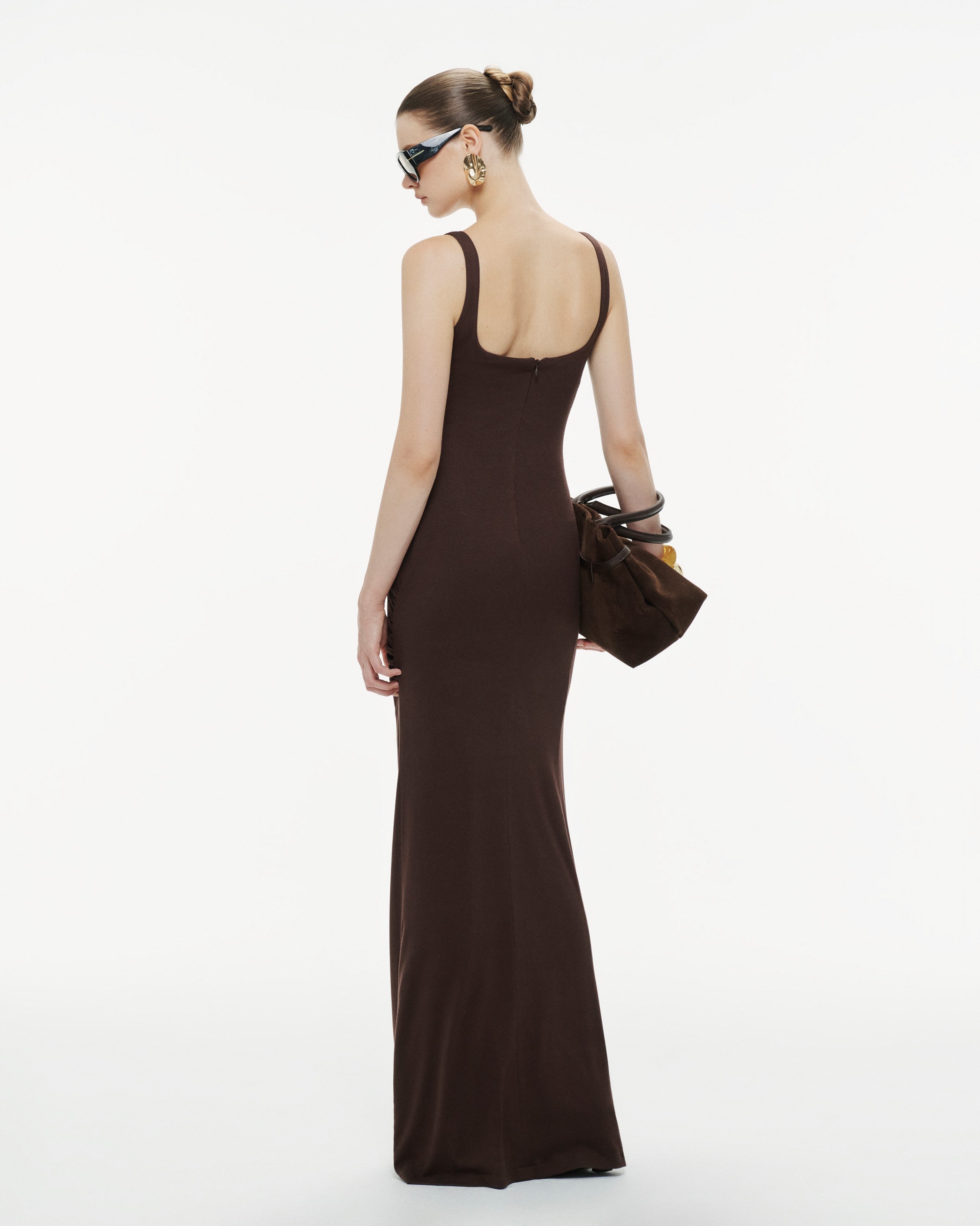 Brown Ruched Knit Dress With Gold Button