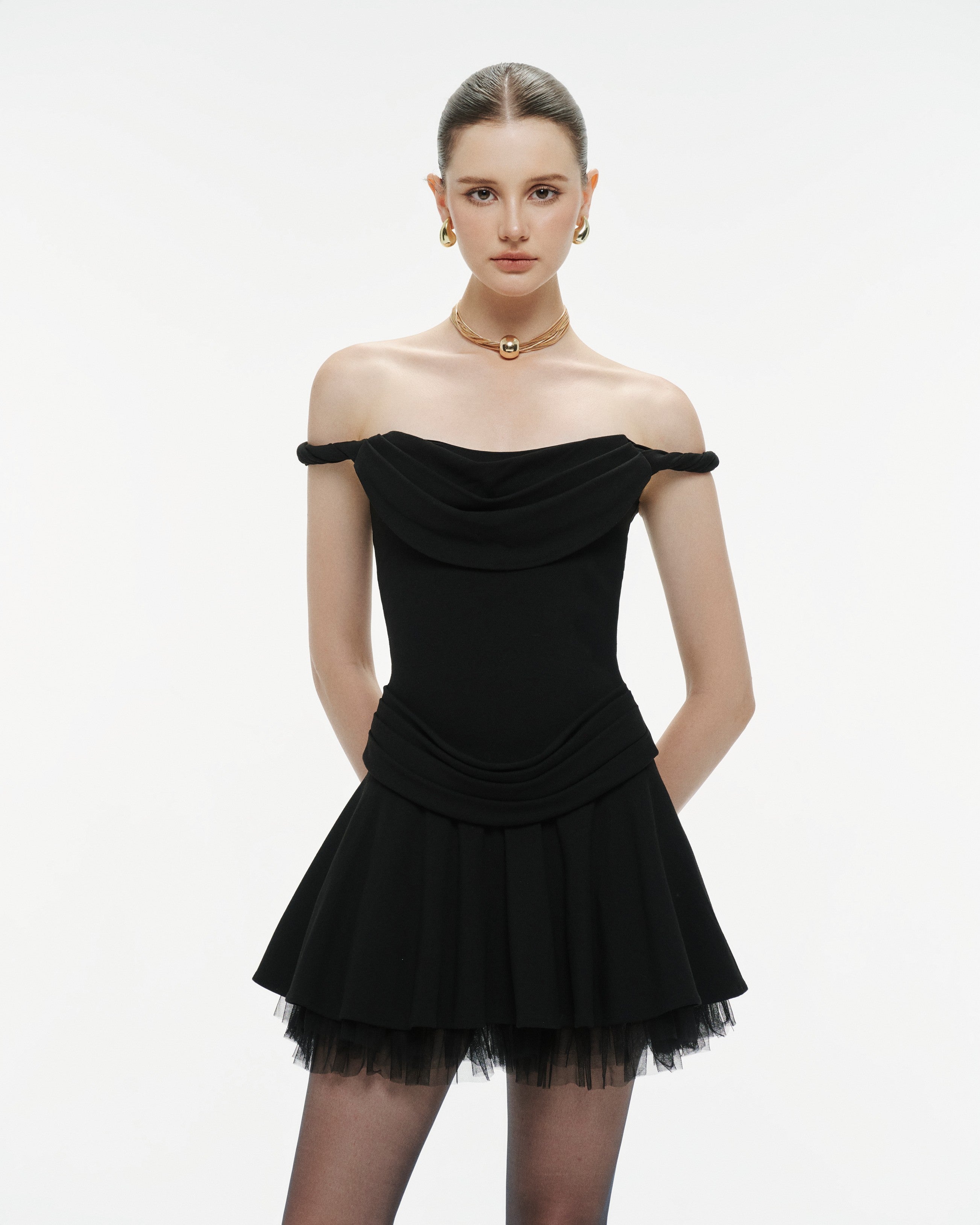 Black Twist-Shoulder Knit Dress