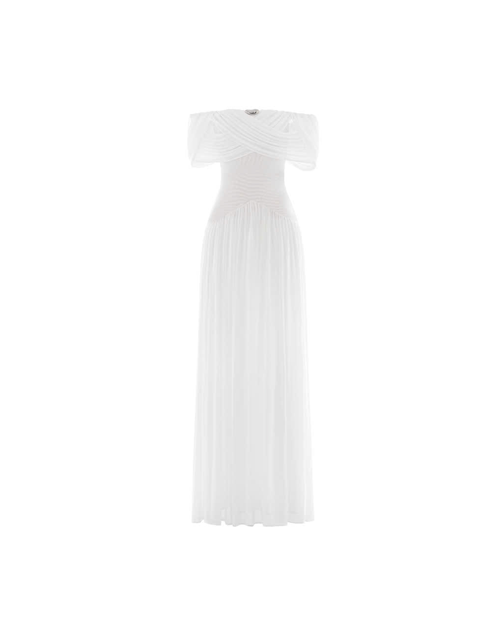 White Off-Shoulder Draped Flared Dress S