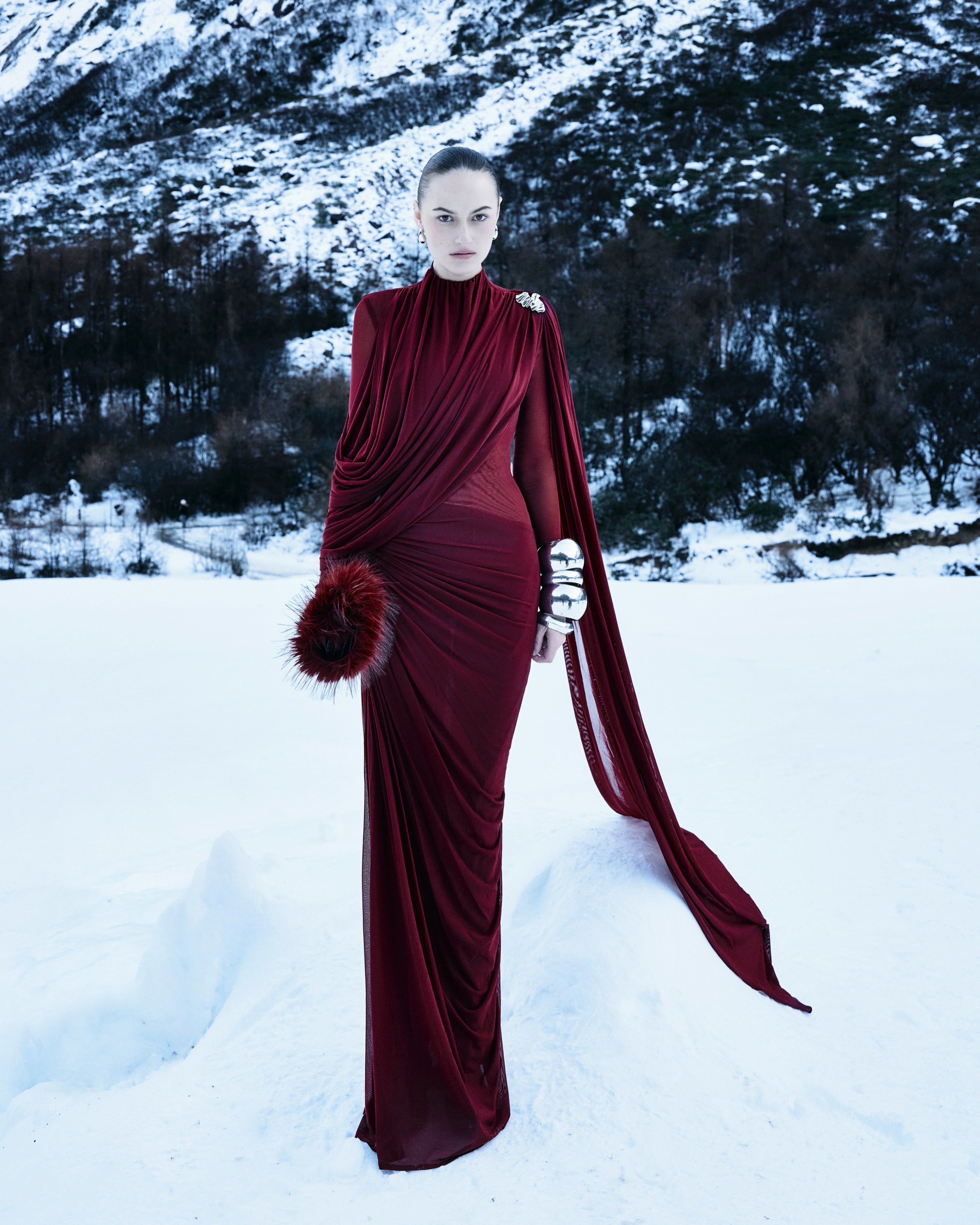 High-Neck Draped Pleated Dress With Asymmetric Ruched Long Drape