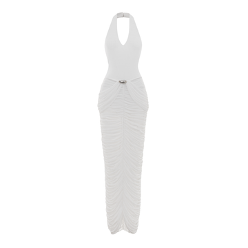 Deep V-neck Jersey Dress With Ruched Mesh Draping