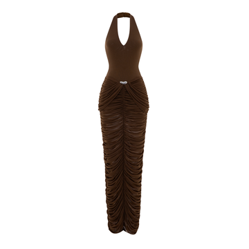 Deep V-neck Jersey Dress With Ruched Mesh Draping