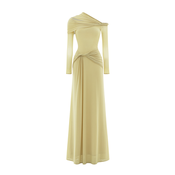 Long-Sleeve One-Shoulder Twist Mesh Dress