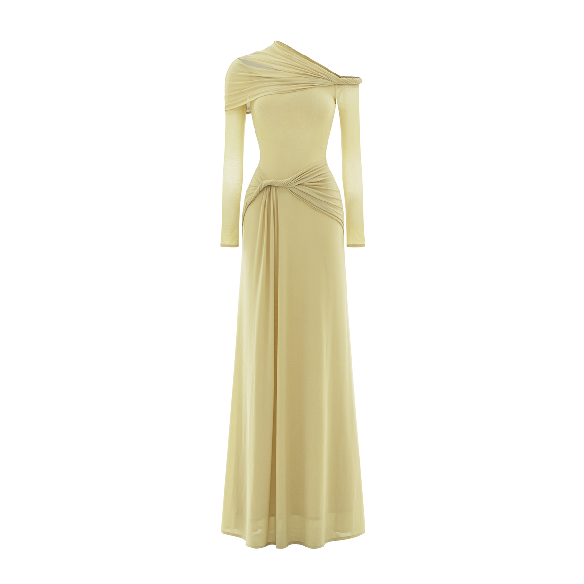 Long-Sleeve One-Shoulder Twist Mesh Dress