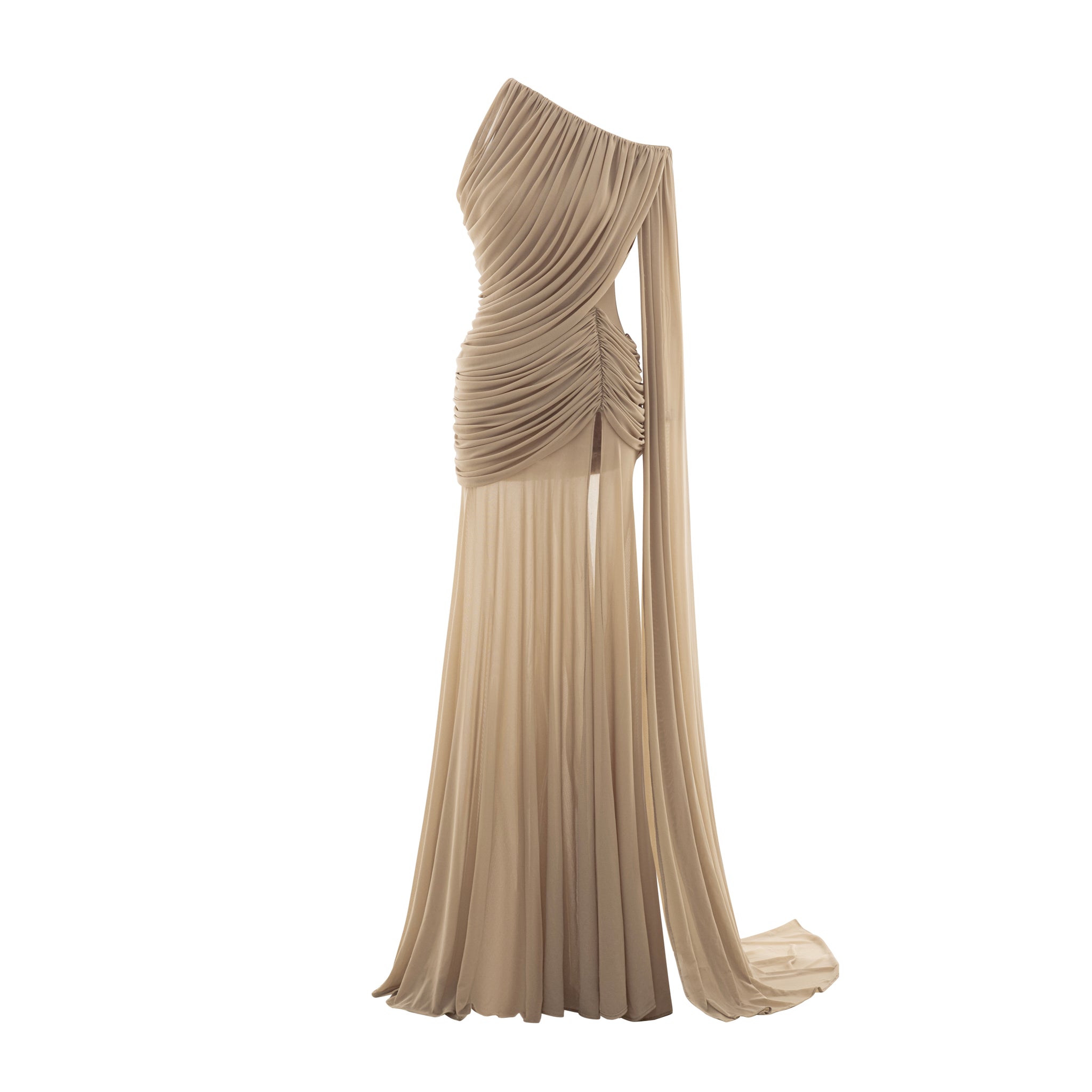 Asymmetric Ruched Mesh Dress – MOLLYNISTA