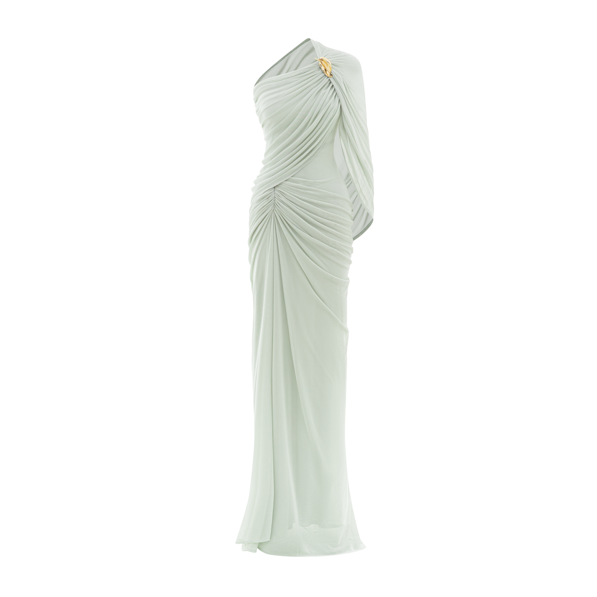 Long One-Shoulder Mesh Dress with Floral Button