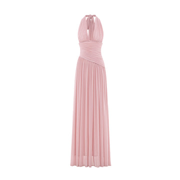 Ruched Stretch Mesh Maxi Dress With Neck Bow