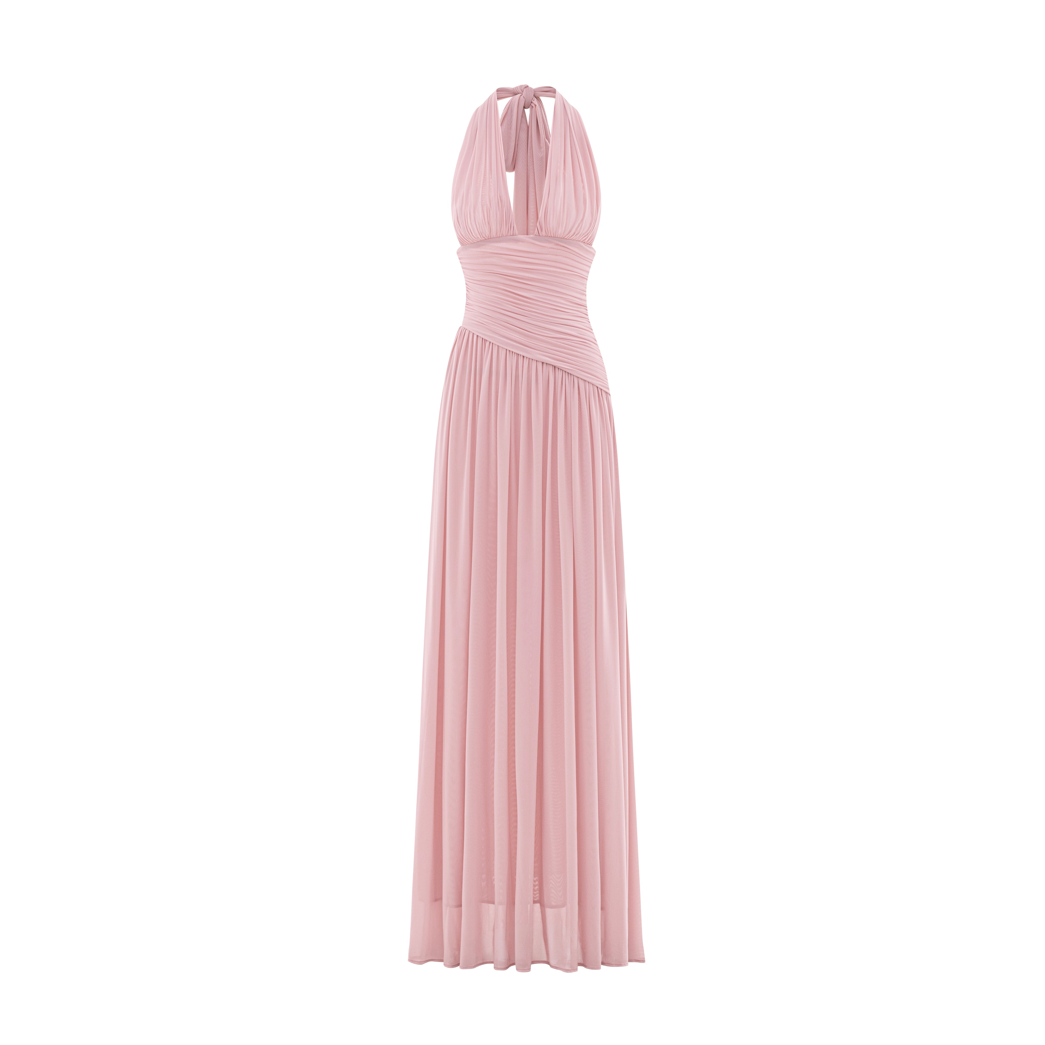 Ruched Stretch Mesh Maxi Dress With Neck Bow