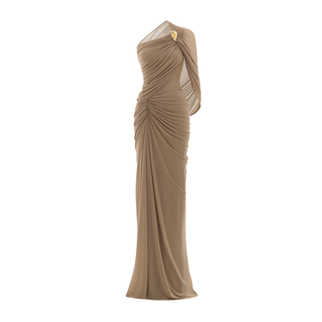 Long One-Shoulder Mesh Dress with Floral Button