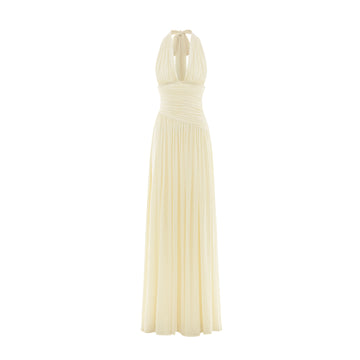 Ruched Stretch Mesh Maxi Dress With Neck Bow