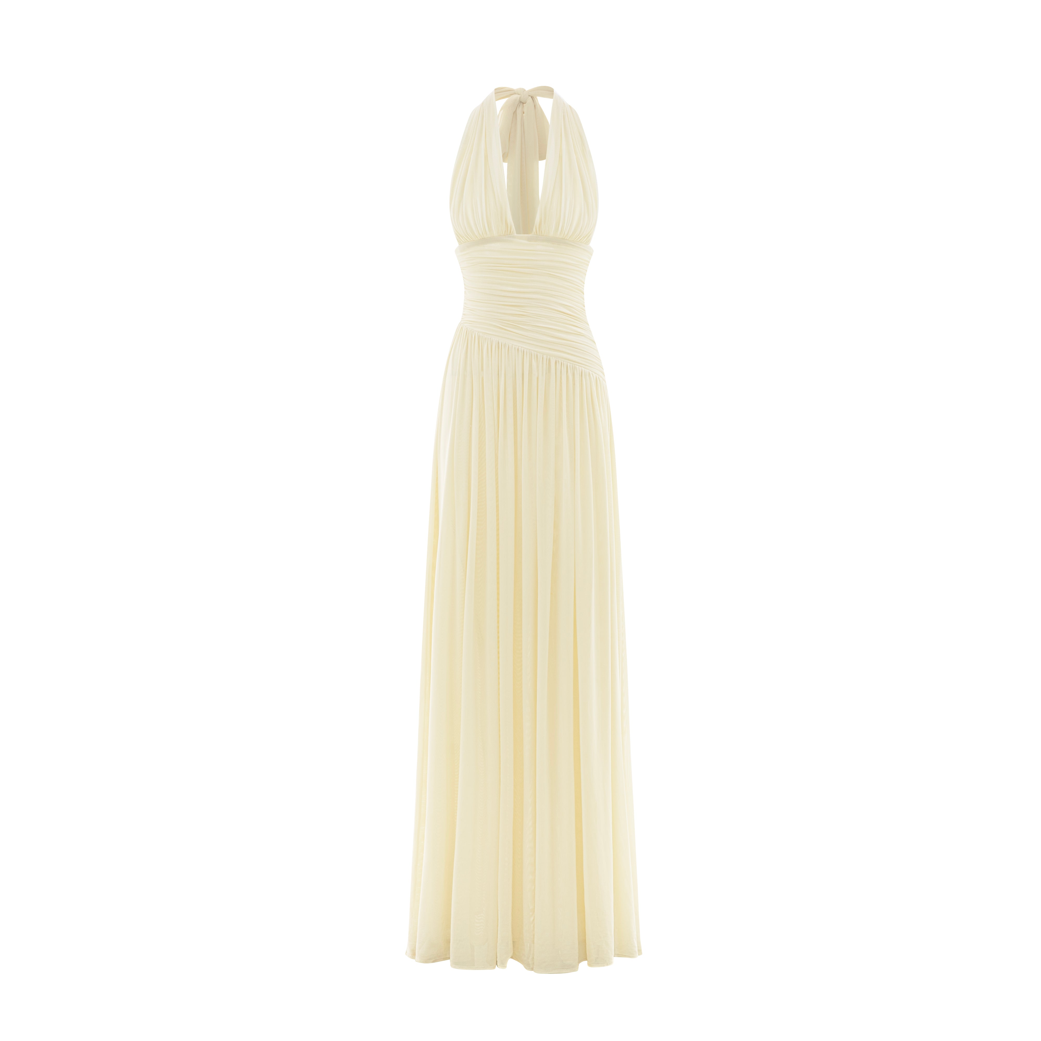 Ruched Stretch Mesh Maxi Dress With Neck Bow