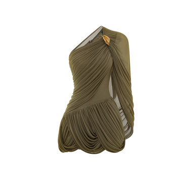 One-Shoulder Mesh Cape Dress with Floral Button