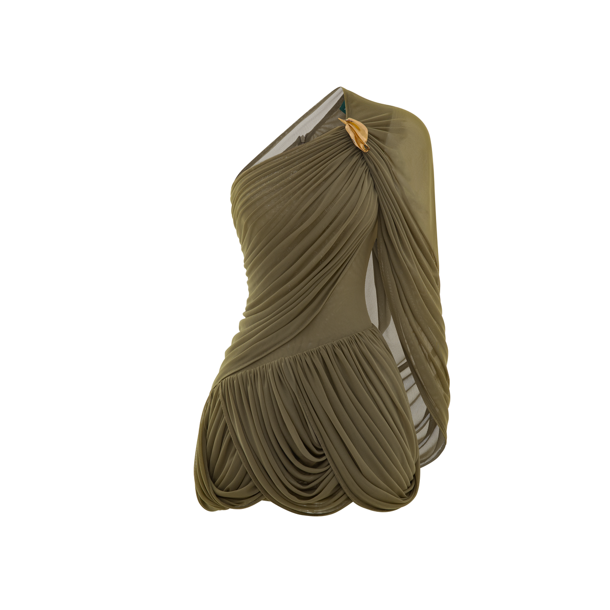 One-Shoulder Mesh Cape Dress with Floral Button