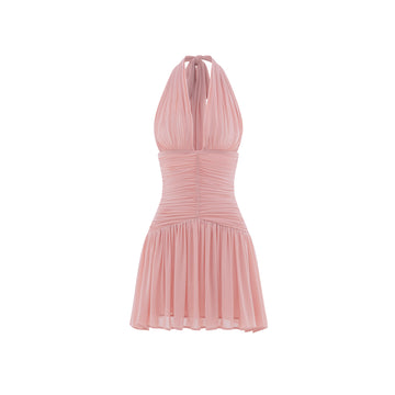 Ruched Stretch Mesh Mini Dress With Neck Bow