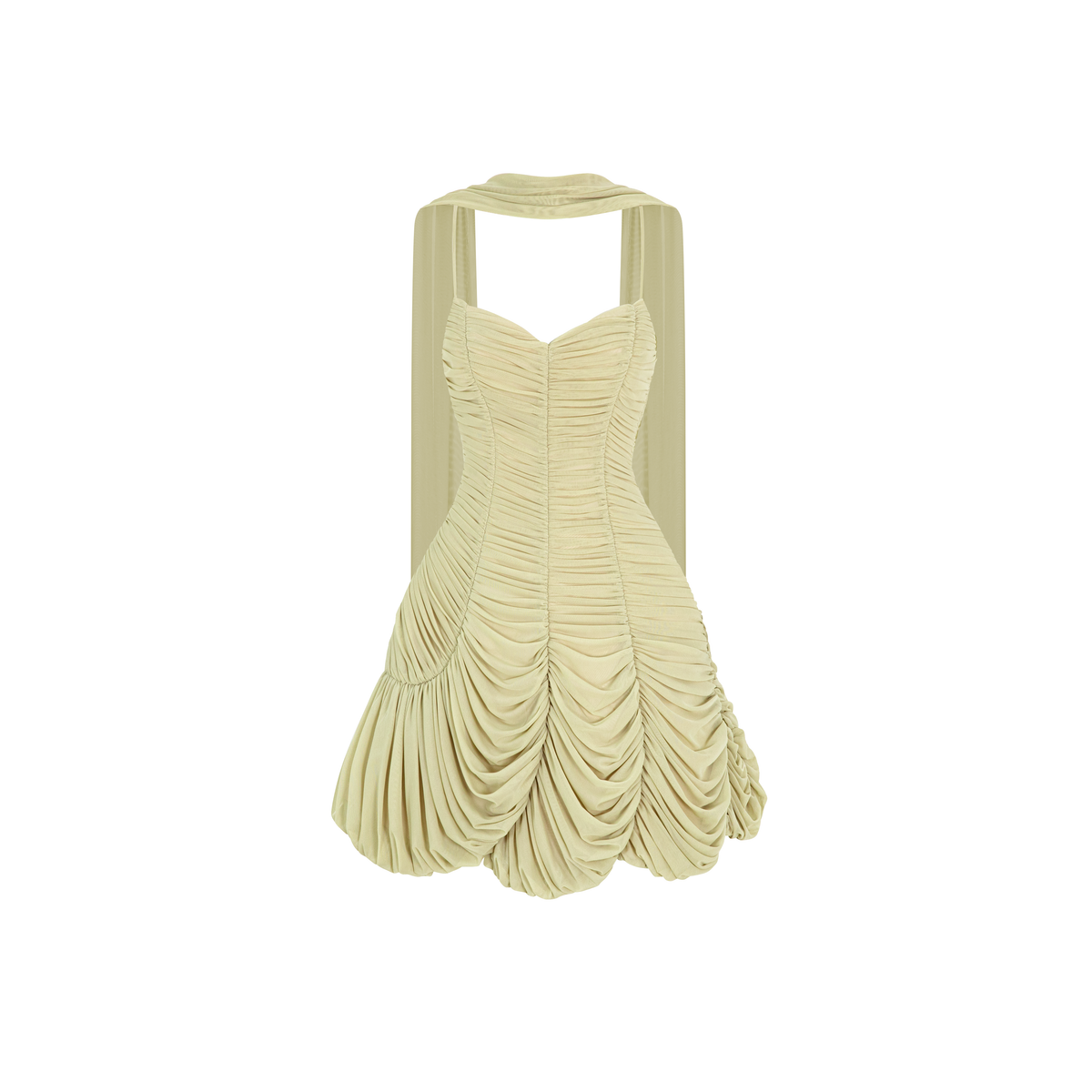 Ruched Mesh Petal Dress With Scarf