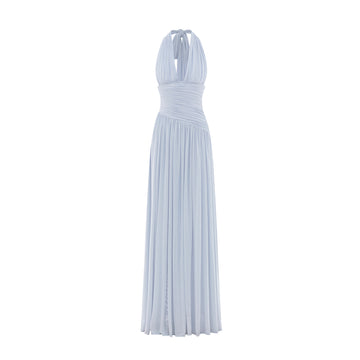 Ruched Stretch Mesh Maxi Dress With Neck Bow