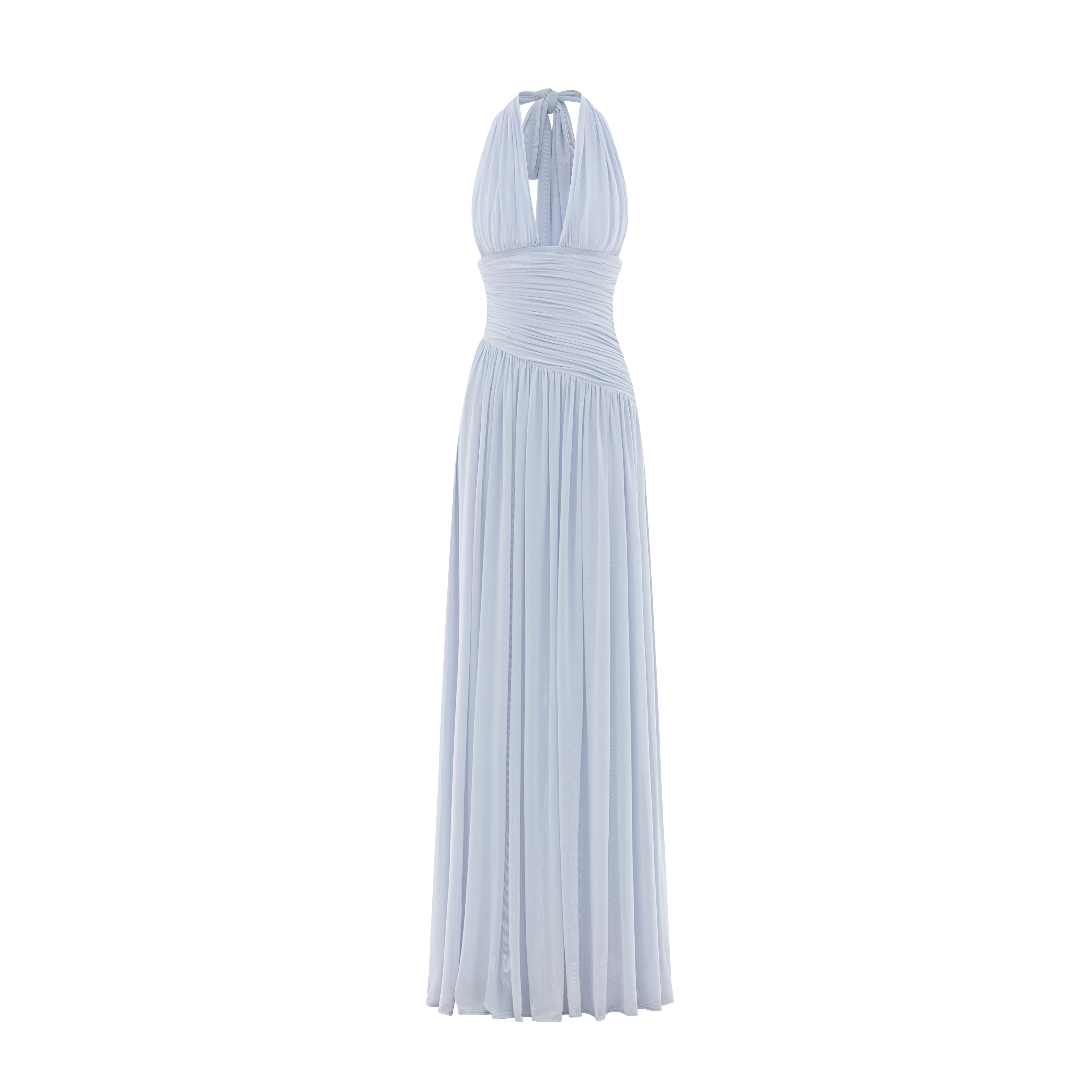 Ruched Stretch Mesh Maxi Dress With Neck Bow
