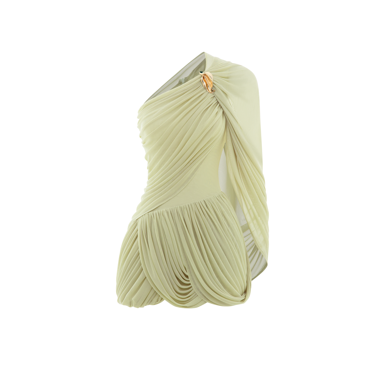 One-Shoulder Mesh Cape Dress with Floral Button