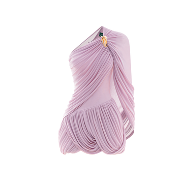 One-Shoulder Mesh Cape Dress with Floral Button