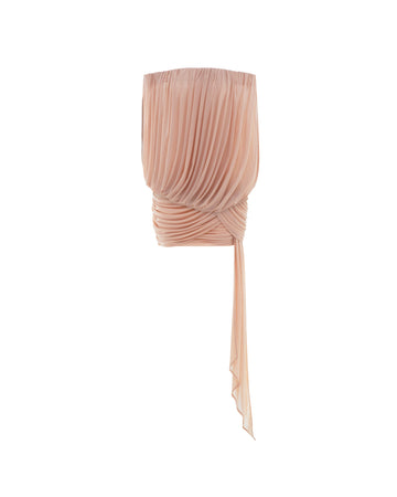 Off-Shoulder Draped Ruched Mesh Mini Dress With Long Train