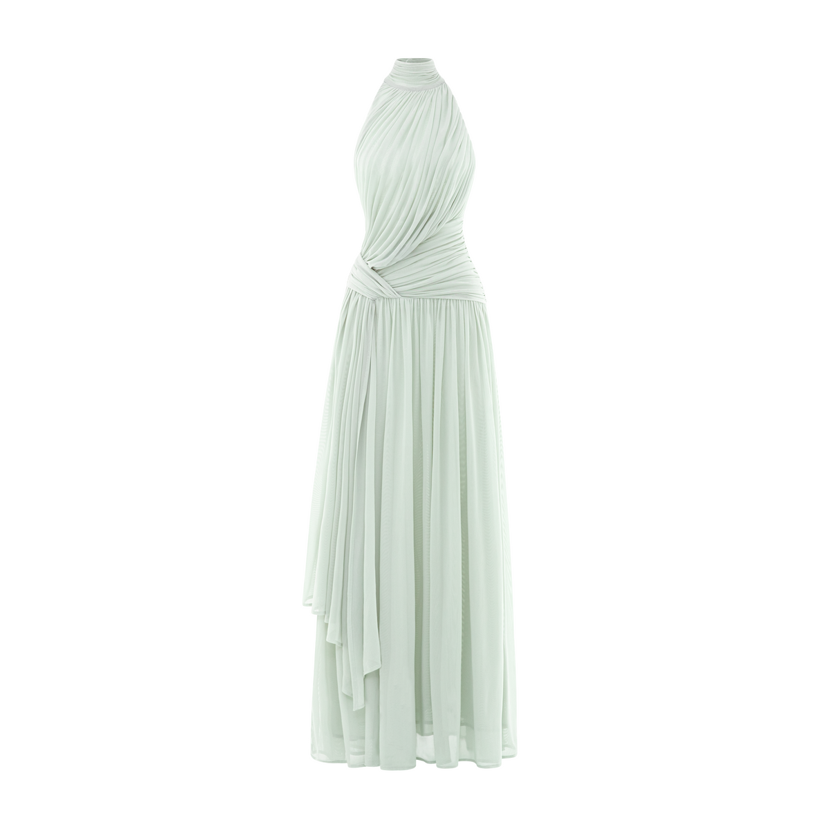 High-Neck Curved Pleated Mesh Dress