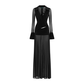 Long-Sleeve Mesh Shirt Dress with Cross-Front Pleats