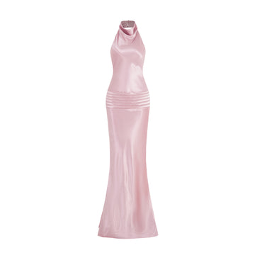 Cowl Neck Silk Dress With Twisted Bow Back