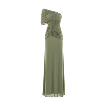One-Shoulder Asymmetric Ruched Pleated Mesh Dress