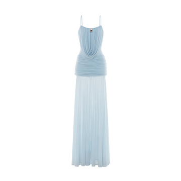 Cowl-Neck Ruched Stretch Mesh Gown