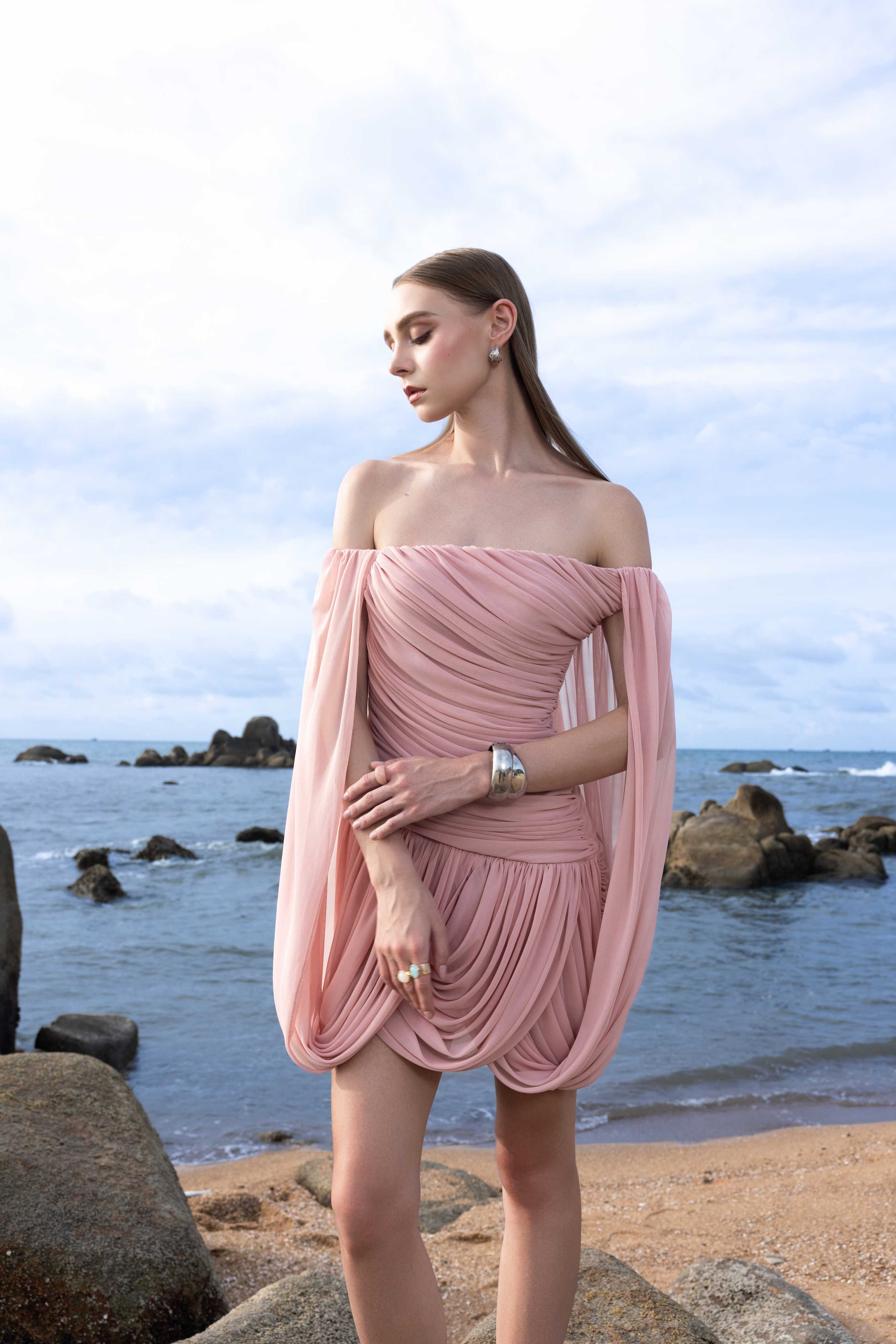 Off-Shoulder Ruched Short Cape Dress