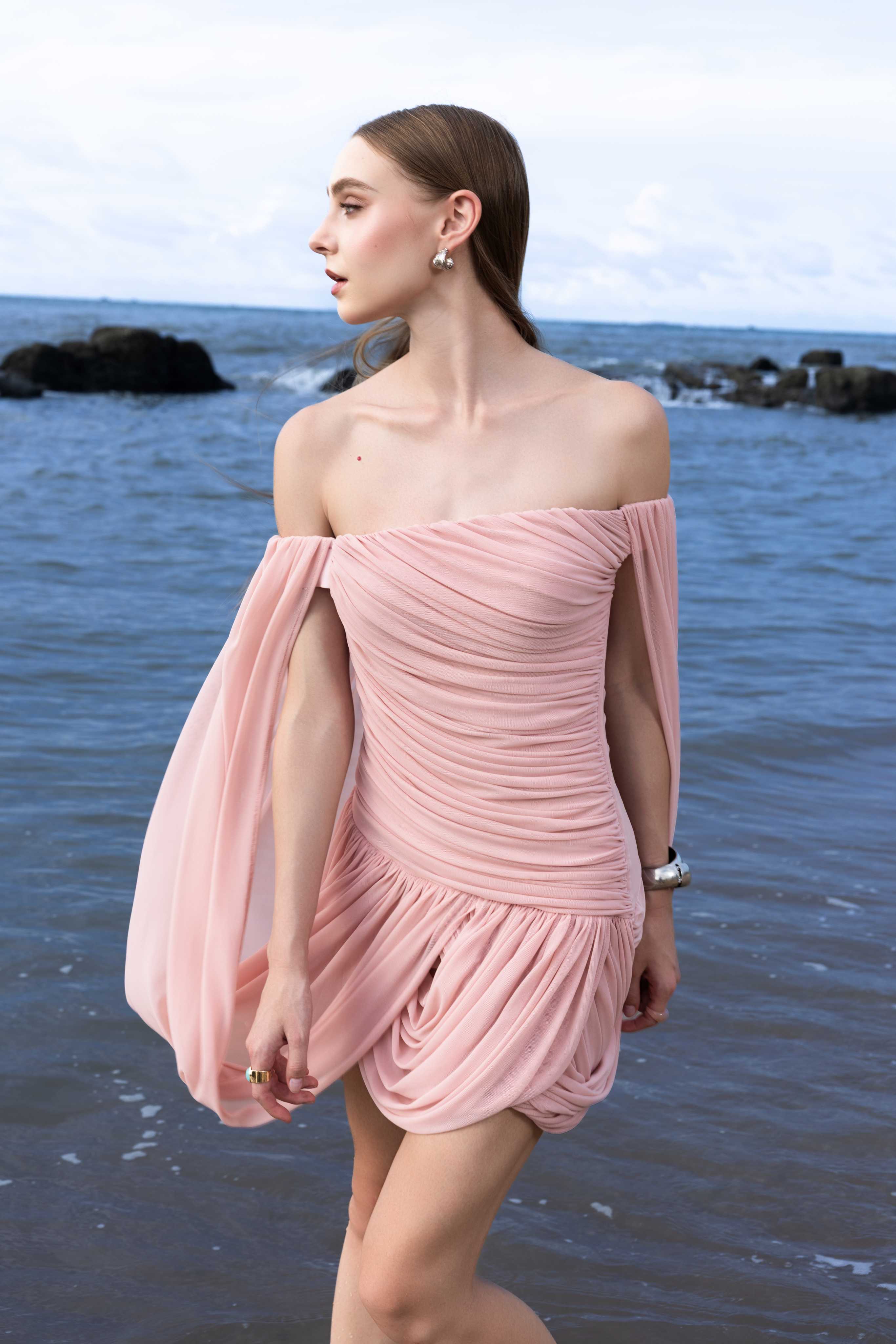 Off-Shoulder Ruched Short Cape Dress