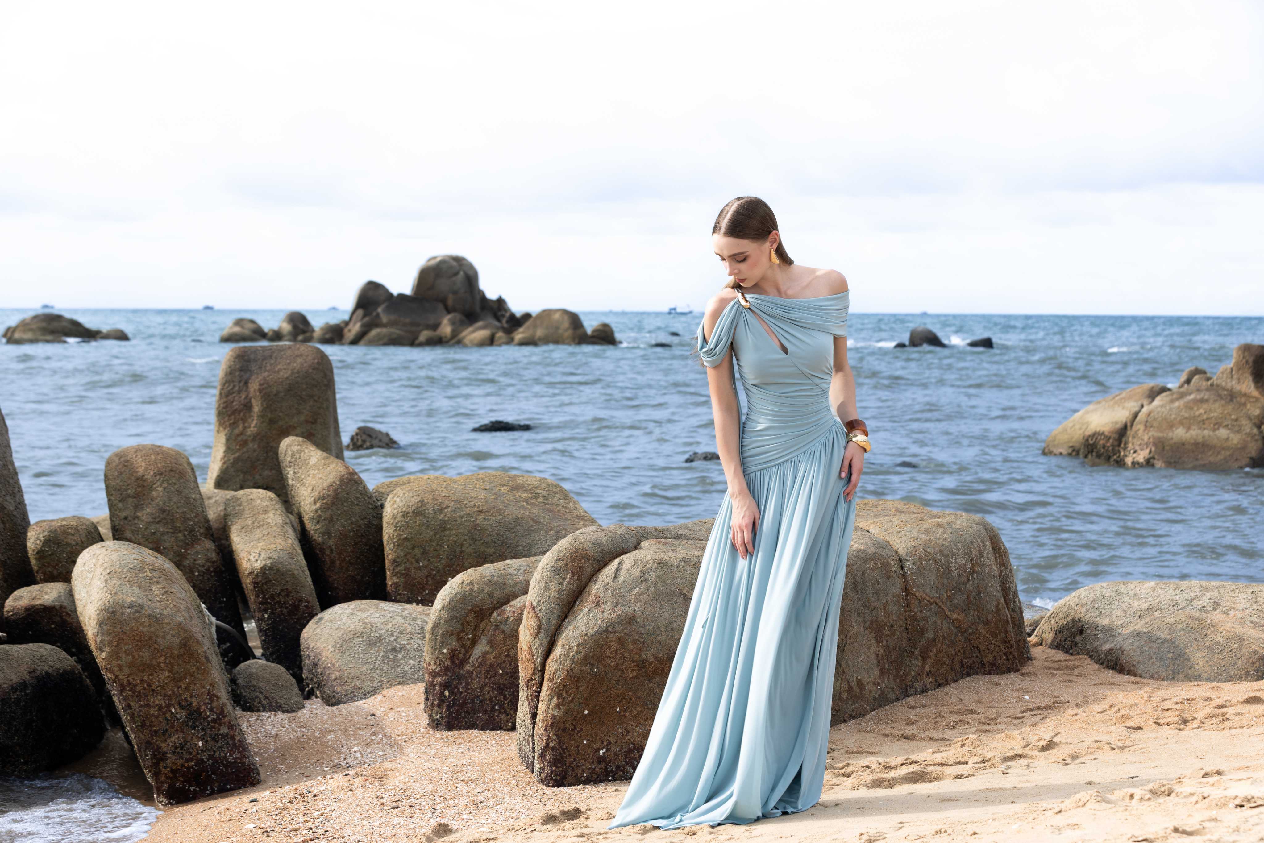 Draped Off-Shoulder Stretch Mesh Dress