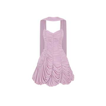 Ruched Mesh Petal Dress With Scarf