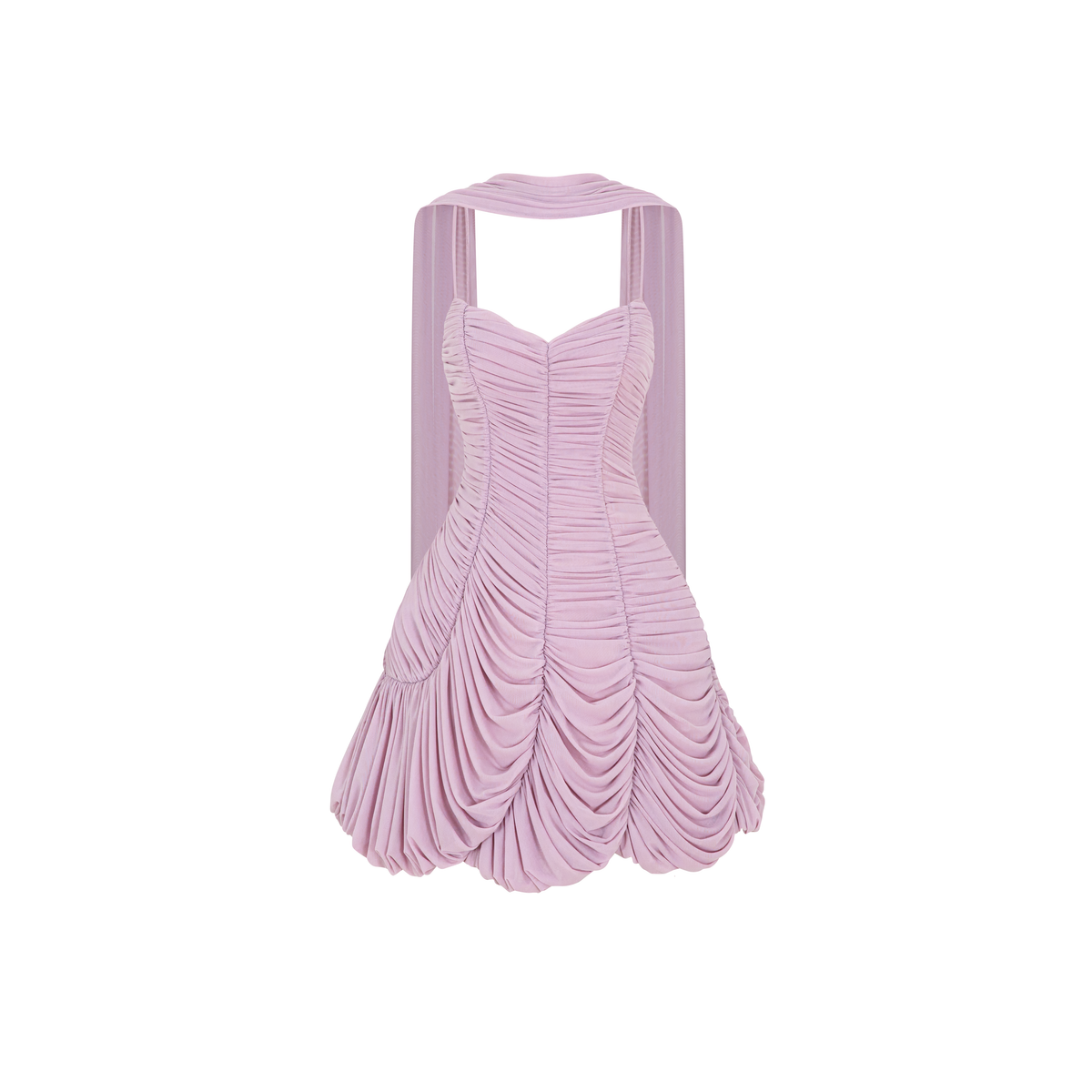 Ruched Mesh Petal Dress With Scarf