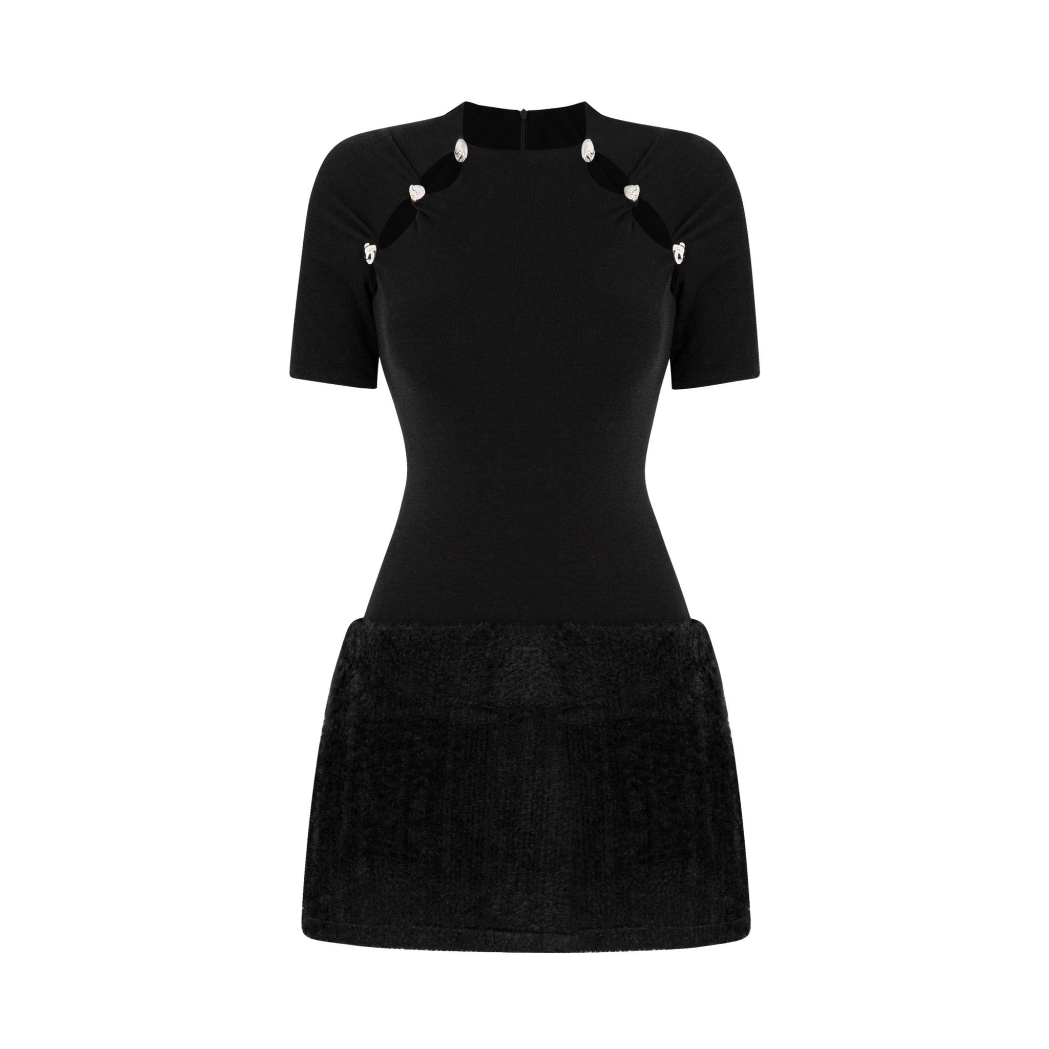 short fur dress Self-Portrait - Black Crepe Fur Hem Mini Dress