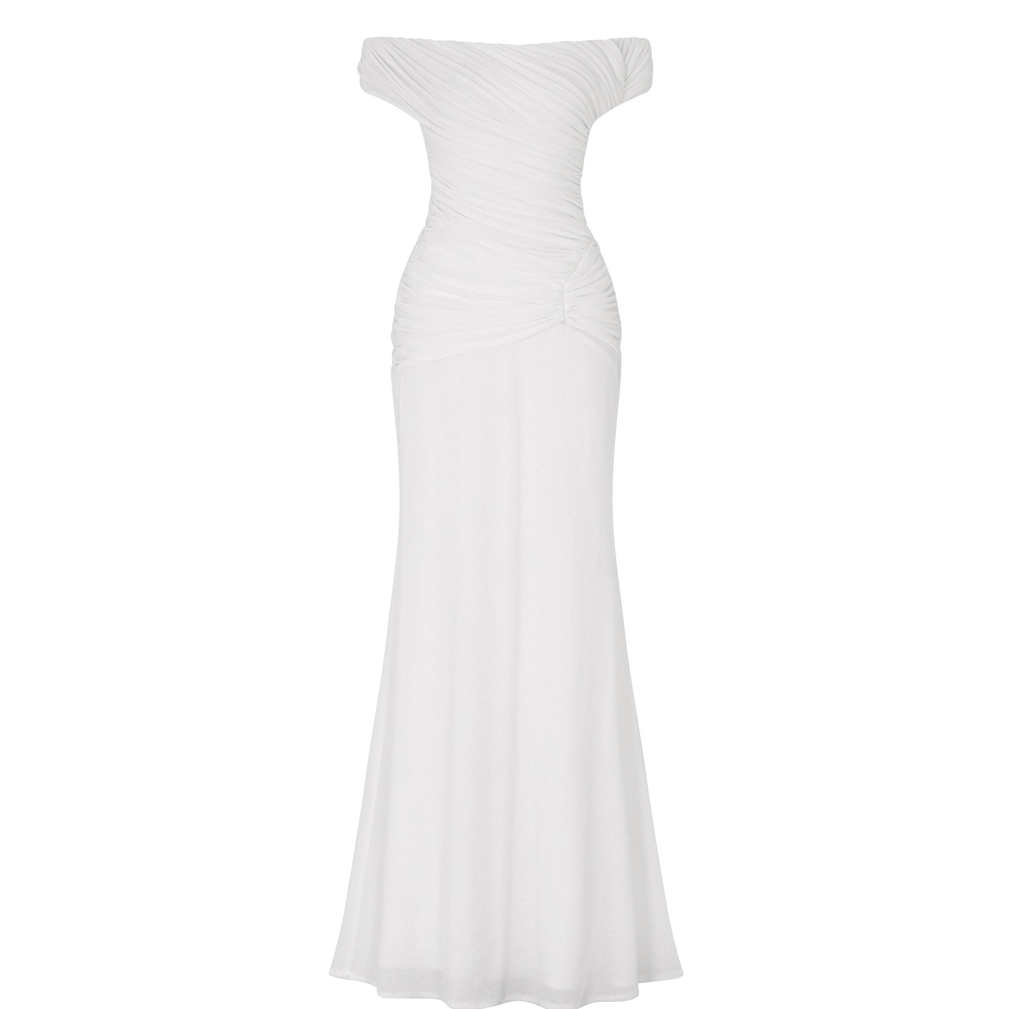 White Off-Shoulder Ruched Knit Dress